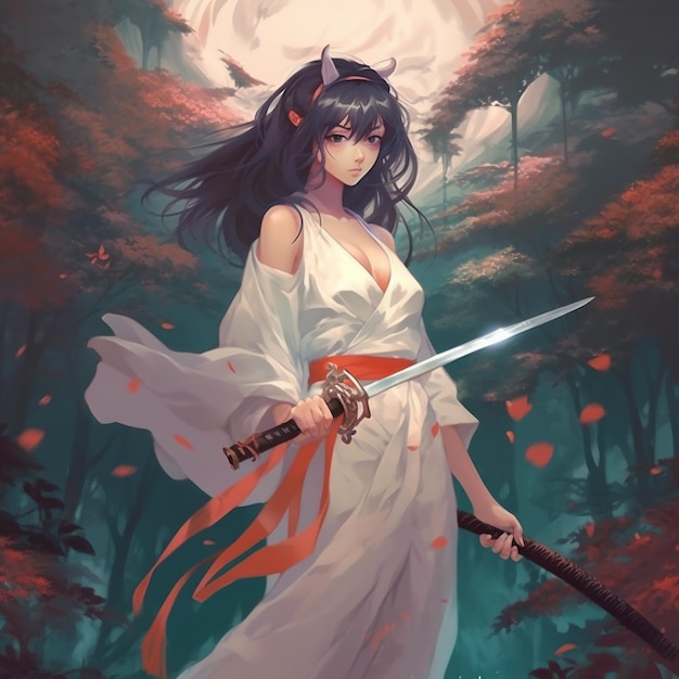 uma garota com uma espada na mão está segurando uma espada
