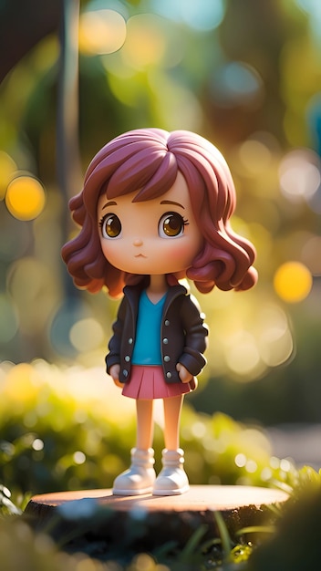 uma garota com uma jaqueta está parada em um jardim