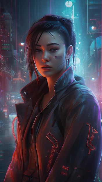 Uma garota com uma jaqueta preta com a palavra cyberpunk na frente