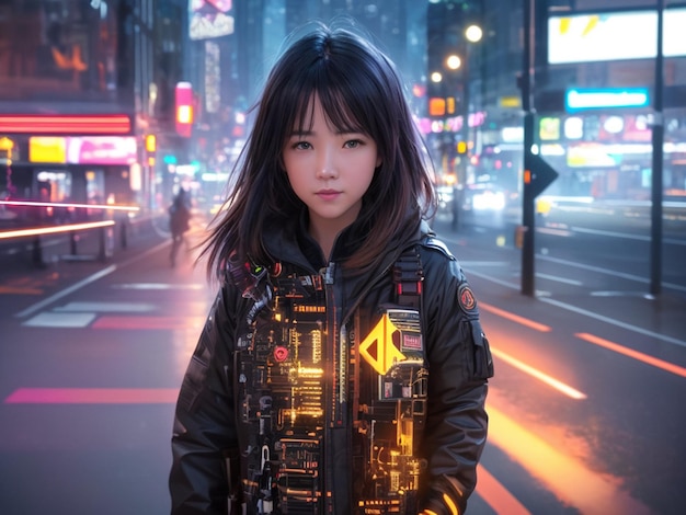 Uma garota com uma jaqueta preta com um letreiro de néon escrito 'cyberpunk'