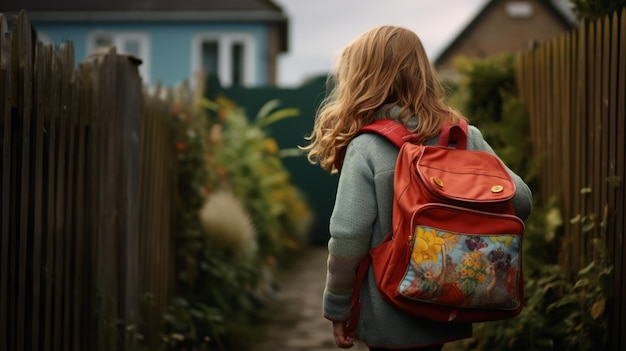 Foto uma garota com uma mochila caminhando por um caminho