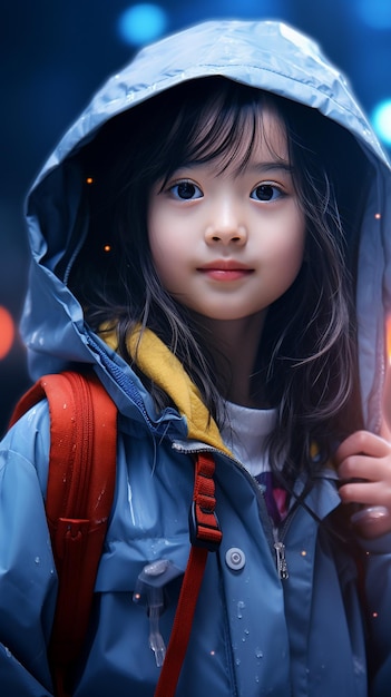 uma garota com uma mochila e uma capa de chuva azul