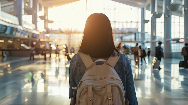 uma garota com uma mochila está andando em um aeroporto