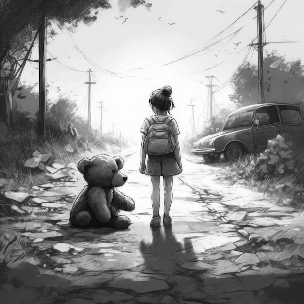 Uma garota com uma mochila está em uma estrada com um ursinho de pelúcia.