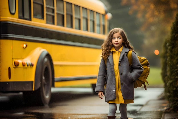 Uma garota com uma mochila perto do ônibus escolar Back to School Generative AI 2