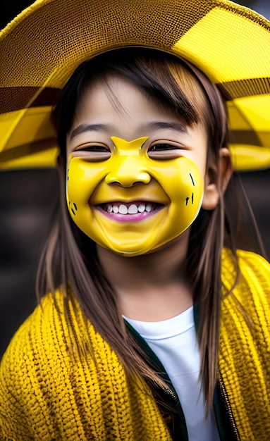 Foto uma garota com uma pintura facial amarela que diz 'mel de abelha'