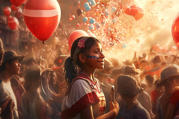 Uma garota com uma roupa de carnaval fica na frente de uma multidão com balões e confetes.