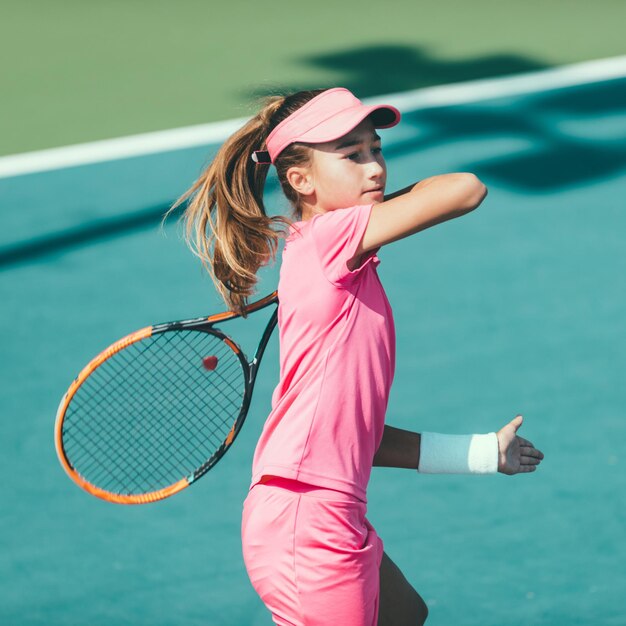 Uma garota com uma roupa rosa está jogando tênis.