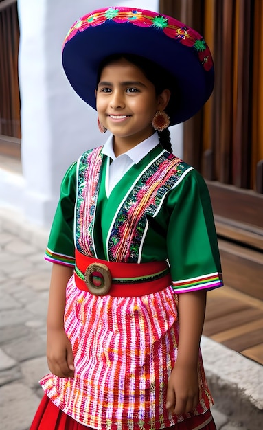 Uma garota com uma roupa tradicional mexicana fica em frente a um prédio em cusco.