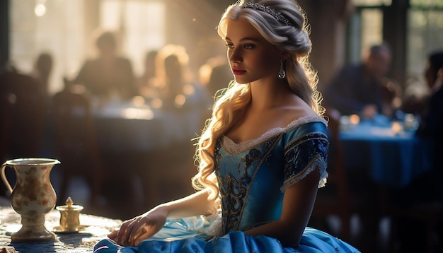Uma garota como uma princesa Cabelo loiro Em um vestido de princesa azul