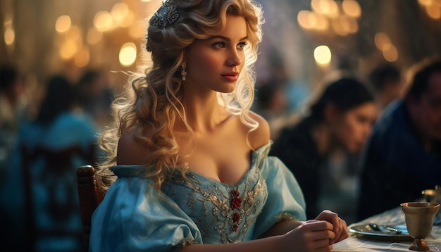 Uma garota como uma princesa Cabelo loiro Em um vestido de princesa azul