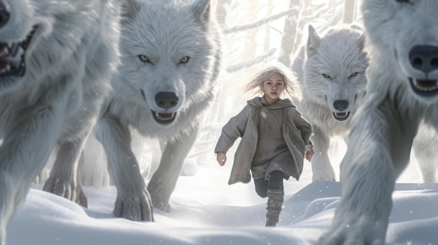 Uma garota corre entre lobos brancos na neve