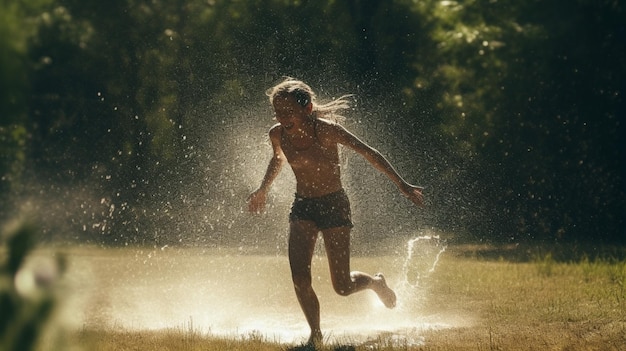 Uma garota corre por uma poça d'água com a palavra chuva.