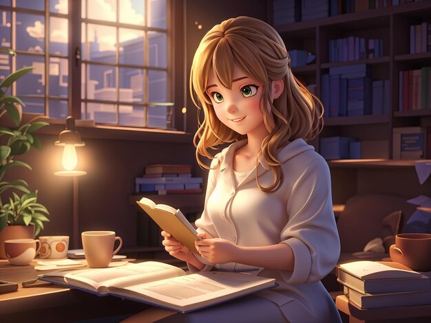 uma garota de anime 3D lendo um livro em uma biblioteca com livros ao fundo