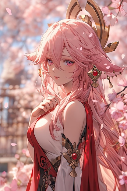 Foto uma garota de anime bonita em um traje de fantasia em um fundo de flores de cerejeira