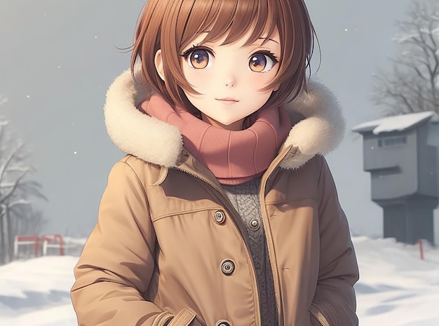 Uma garota de anime com cabelo curto usando desenho de roupas de inverno