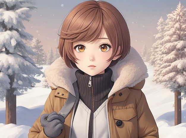 Uma garota de anime com cabelo curto usando desenho de roupas de inverno