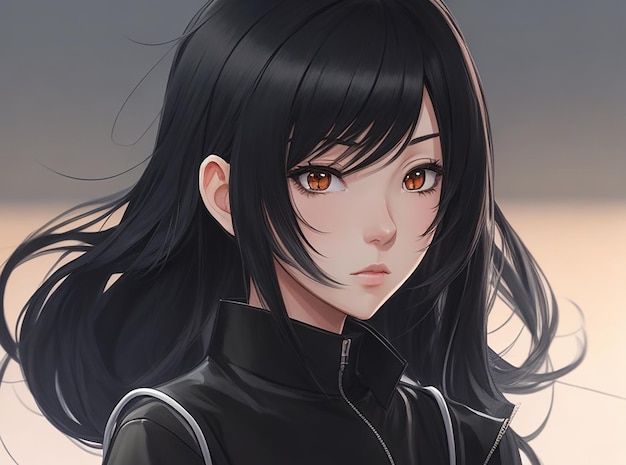 Uma garota de anime com cabelo preto liso e um comportamento legal e calmo