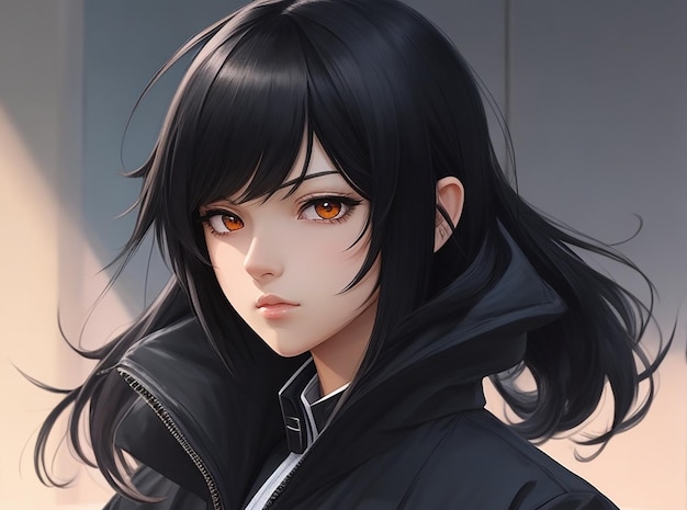 Uma garota de anime com cabelo preto liso e um comportamento legal e calmo