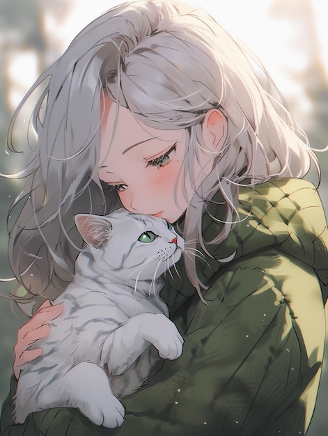 Uma garota de anime com cabelos longos abraçando um gato branco em seus braços