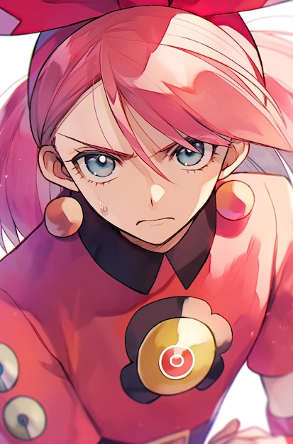 Uma garota de anime com cabelos vermelhos longos e um olhar determinado criada com IA generativa