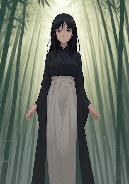 Uma garota de anime com longos cabelos esvoaçantes e um olhar determinado