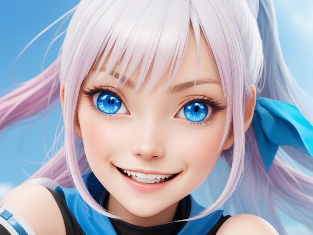 Uma garota de anime com olhos azuis vibrantes e um sorriso travesso