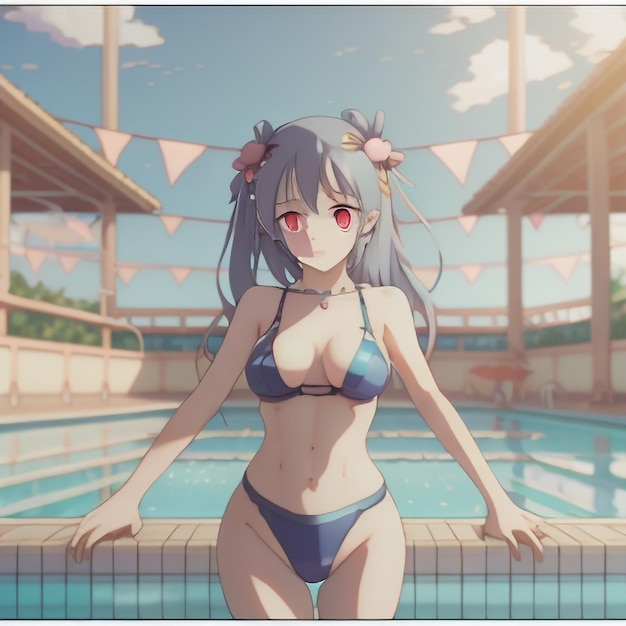 Uma garota de anime com um biquíni em uma piscina Generative Ai