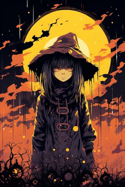 O halloween em uma garota de anime usando um capacete de bruxa e