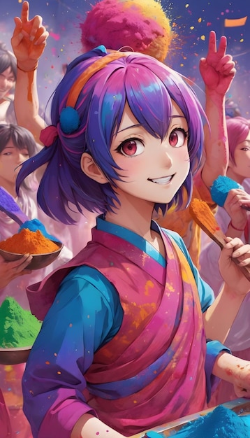 Uma garota de anime comemorando o dia de Holi cheio de cores