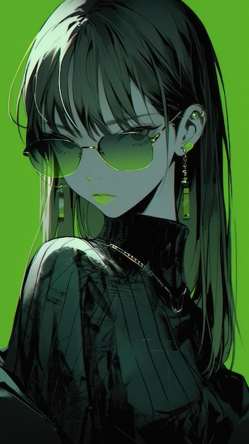 uma garota de anime em verde com óculos de sol