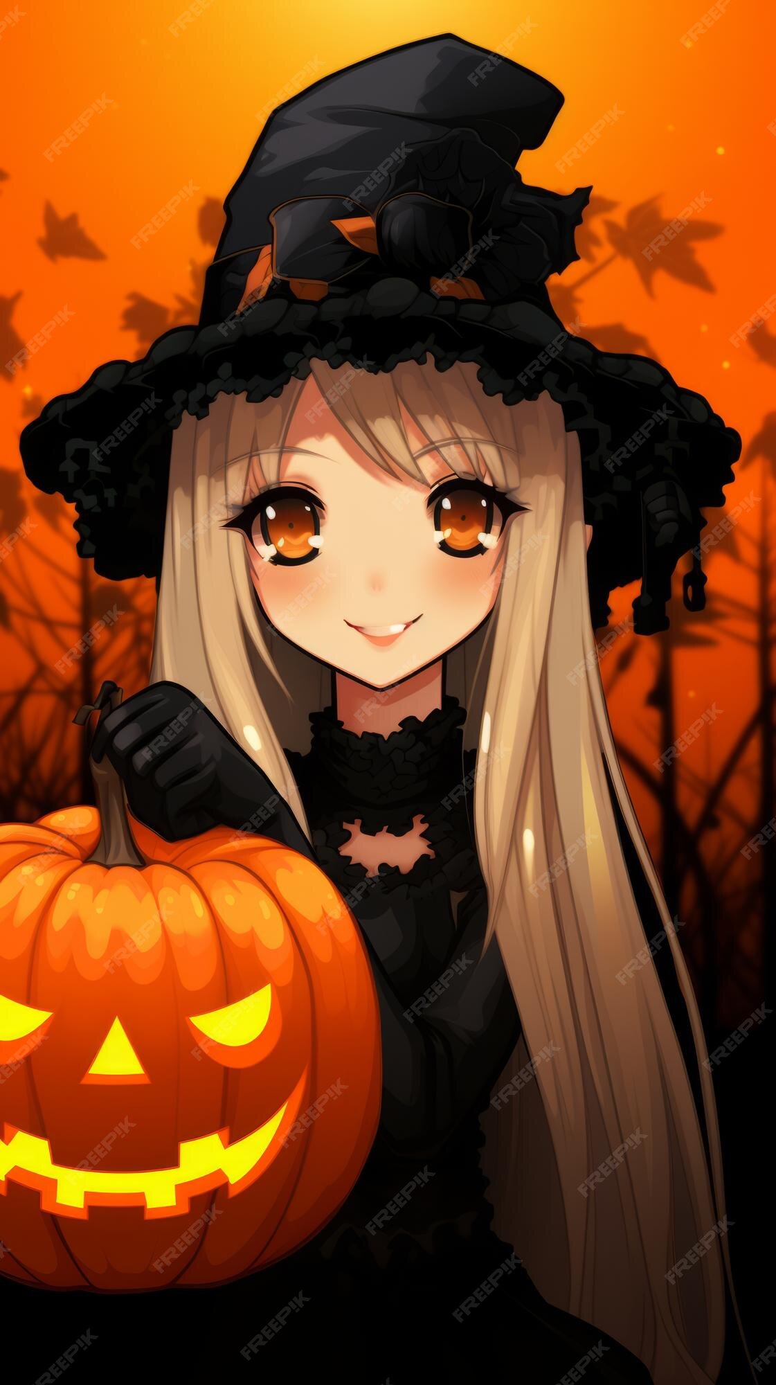 Linda bruxa segurando abóbora de halloween em estilo anime