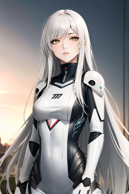 Uma garota de anime feminina com longos cabelos brancos e roupa de piloto