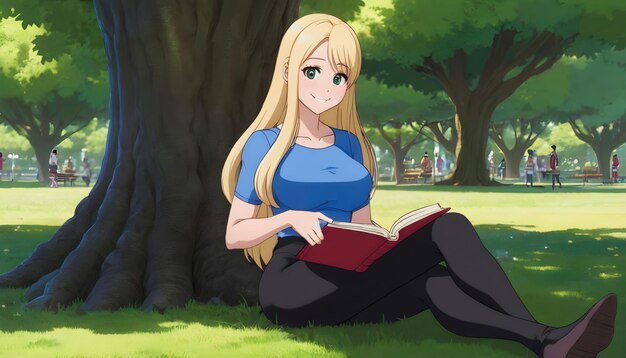 uma garota de anime senta-se em um parque e lê um livro dia nacional do livro