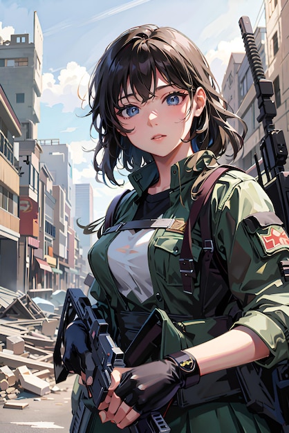 Uma garota de anime vestindo um uniforme militar posa na cidade em ruínas