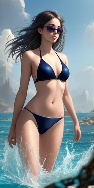 Uma garota de biquíni preto fica na frente de uma praia sexy