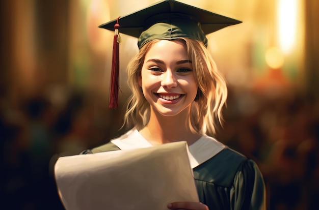 Uma garota de boné e vestido segura um diploma.