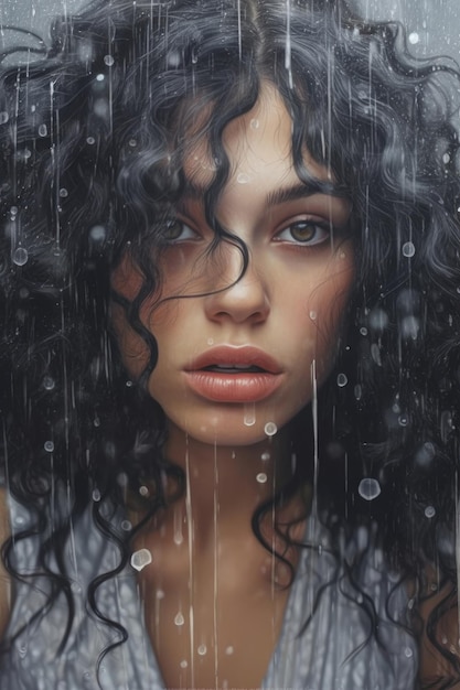 Uma garota de cabelo preto e nariz preto olha para a chuva.