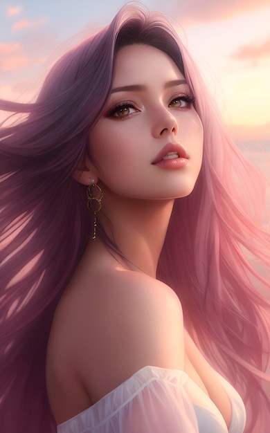 Uma garota de cabelo rosa e um pôr do sol ao fundo