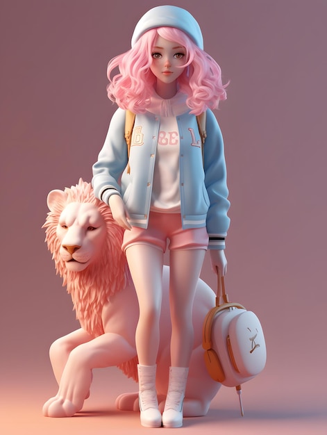 Uma garota de cabelo rosa e uma jaqueta azul e um leão atrás