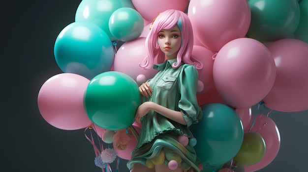 Uma garota de cabelo rosa e vestido verde está entre balões.