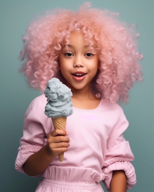 uma garota de cabelo rosa segurando uma casquinha de sorvete