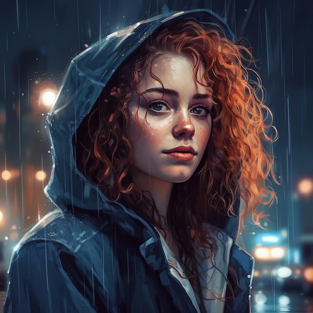 Uma garota de cabelo ruivo em uma capa de chuva