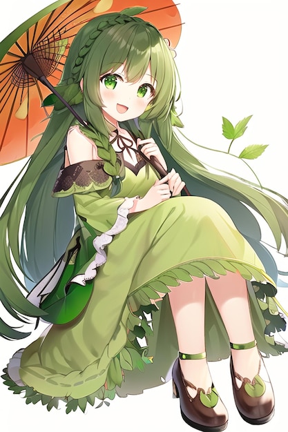 Uma garota de cabelo verde e um vestido verde com a palavra "on it"