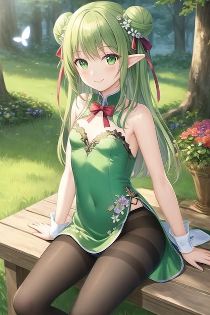 Uma garota de cabelo verde e vestido verde está sentada em um banco de um jardim.
