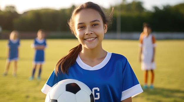 Foto uma garota de camisa azul segura uma bola de futebol.