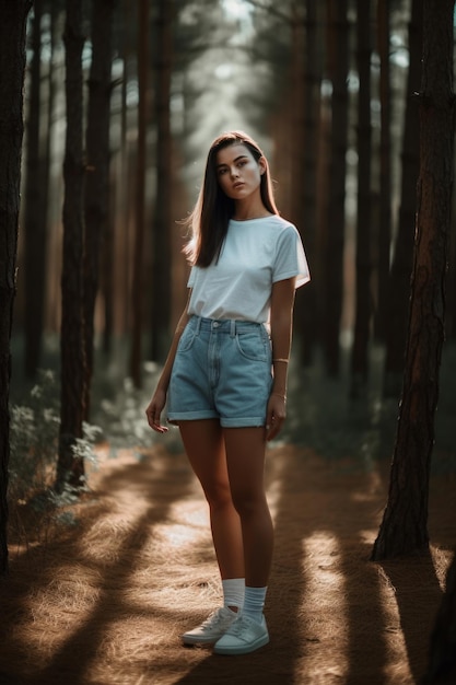 Uma garota de camisa branca e shorts azuis fica em uma floresta