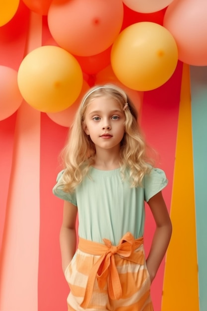 Foto uma garota de camisa verde e calça laranja fica em frente a um cenário colorido com balões.