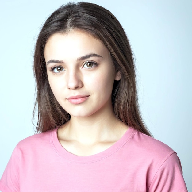 Foto uma garota de camiseta rosa em fundo branco