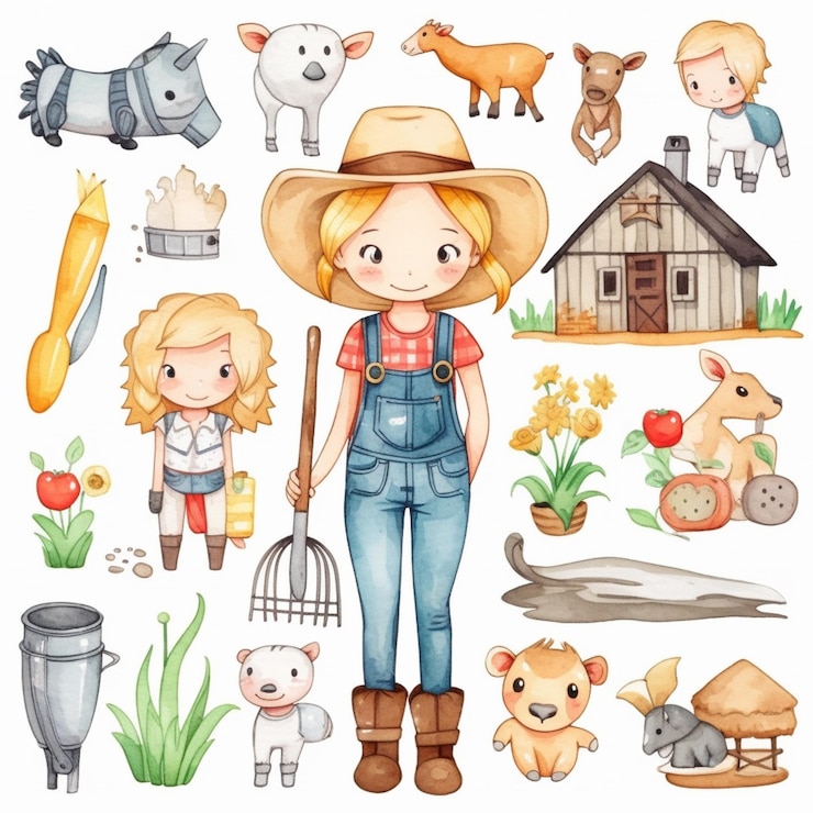 Foto uma garota de chapéu e macacão com animais de fazenda e equipamentos agrícolas gerativos de ia